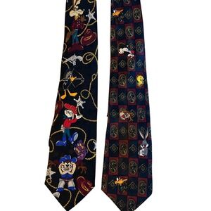 Vintage Looney Tunes Ties Set Of 2 - Silk & Polyester Bugs Bunny Wile Coyote